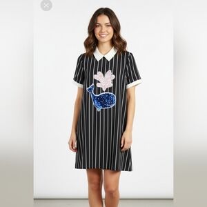 Anthropologie Striped Dress with Whale and Floral Appliqué